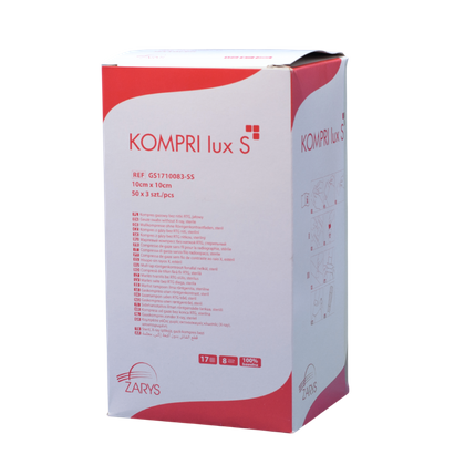 Kompresy gazowe 17. nitkowe 8. warst. KOMPRI lux S 10 x 10 cm (50 x 3 szt.) STERYLNE - Zarys