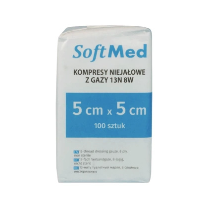Kompresy gazowe 13. nitkowe 8. warstwowe 5 x 5 cm (100 szt.) - SoftMed