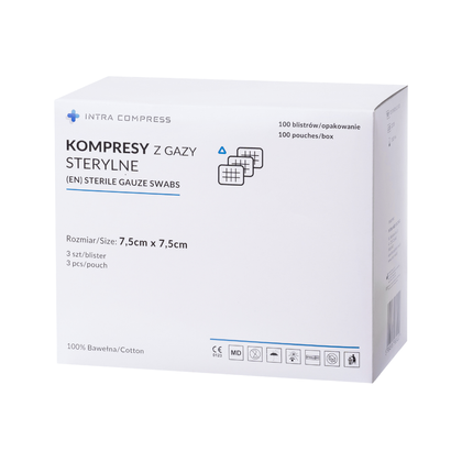 Kompresy gazowe 17. nitkowe 8. warst. 7,5 x 7,5 cm (op. 100 x 3 szt.) sterylne - Intra Med