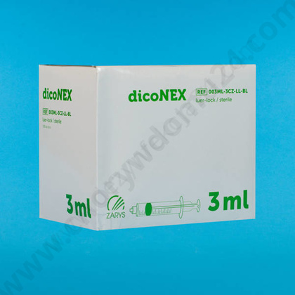 Strzykawka trzyczęściowa 3 ml LL, zielony tłok (100 szt.) - dicoNEX