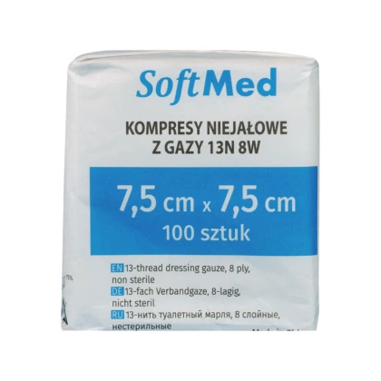 Kompresy gazowe 17. nitkowe 8. warst. 7,5 x 7,5 cm (100 szt.) - SoftMed