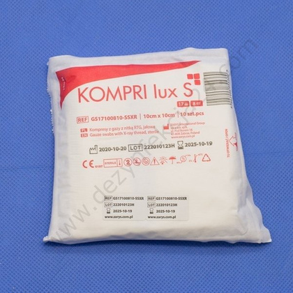 Kompresy gazowe 17. nitkowe 8. warst. KOMPRI lux S 10 x 10 cm (40 op. x 10 szt.) STERYLNE - Zarys