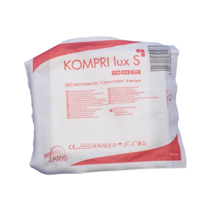 Kompresy gazowe 17. nitkowe 8. warst. KOMPRI lux S 7,5 x 7,5 cm (50 x 3 szt.) STERYLNE - Zarys