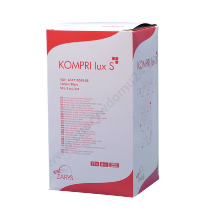 Kompresy gazowe 17. nitkowe 8. warst. KOMPRI lux S 10 x 10 cm (50 x 3 szt.) STERYLNE - Zarys