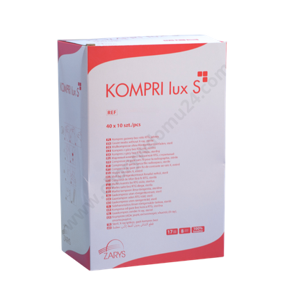 Kompresy gazowe 17. nitkowe 8. warst. KOMPRI lux S 10 x 10 cm (40 op. x 10 szt.) STERYLNE - Zarys