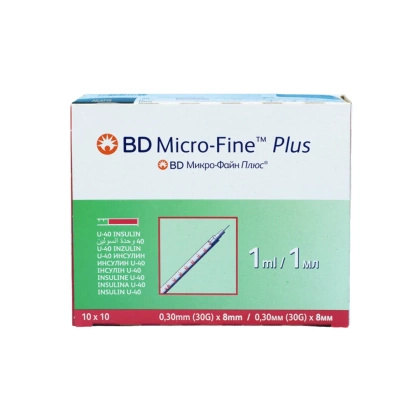 Strzykawka trzyczęściowa do insuliny 1 ml U-40 z igłą 0,3 x 8 mm (100 szt.) - BD