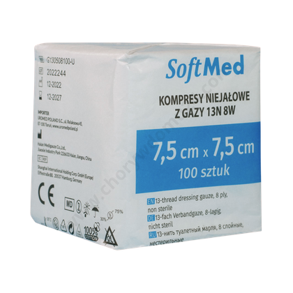 Kompresy gazowe 17. nitkowe 8. warst. 7,5 x 7,5 cm (100 szt.) - SoftMed