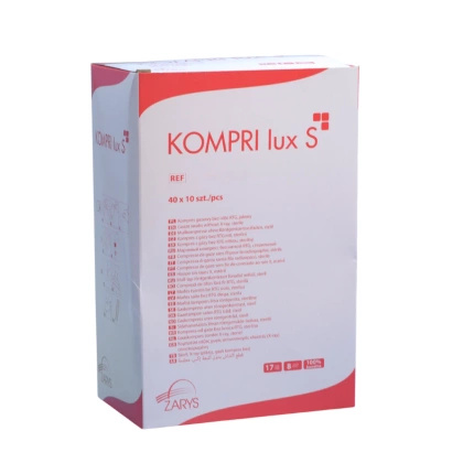 Kompresy gazowe 17. nitkowe 8. warst. KOMPRI lux S z nitką RTG 10 x 10 cm (40 op. x 10 szt.) STERYLNE - Zarys
