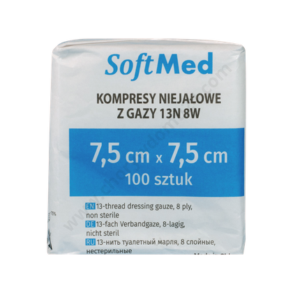 Kompresy gazowe 17. nitkowe 8. warst. 7,5 x 7,5 cm (100 szt.) - SoftMed