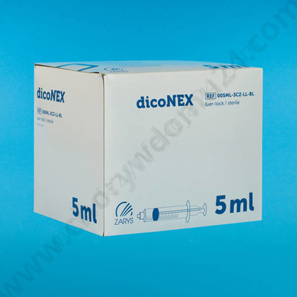 Strzykawka trzyczęściowa 5 ml LL, zielony tłok (100 szt.) - dicoNEX