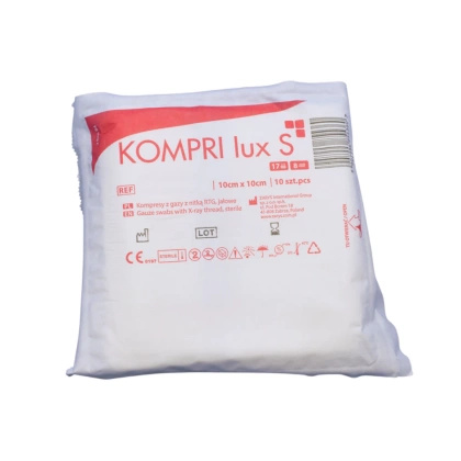 Kompresy gazowe 17. nitkowe 8. warst. KOMPRI lux S z nitką RTG 7,5 x 7,5 cm. (40 op. x 10 szt.) STERYLNE - Zarys