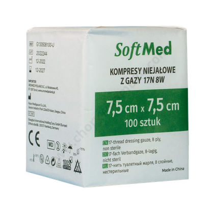 Kompresy gazowe 13. nitkowe 8. warst. 7,5 x 7,5 cm  (100 szt.) - SoftMed