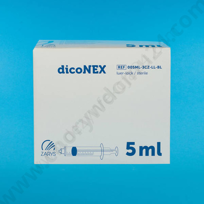 Strzykawka trzyczęściowa 5 ml LL, zielony tłok (100 szt.) - dicoNEX