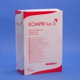 Kompresy gazowe 17. nitkowe 8. warst. KOMPRI lux S z nitką RTG 7,5 x 7,5 cm. (40 op. x 10 szt.) STERYLNE - Zarys